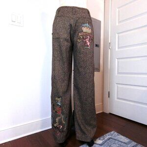 Johnny Was BIYA Embroidered Tweed Wide Leg Trousers Brown Size 8